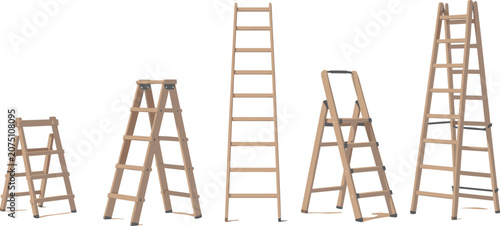 Foto Wooden ladder vector set with stepladders and extension ladders isolated on whit