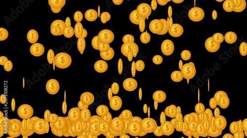 gold dollar coins raining and falling down on transparent alpha channel background