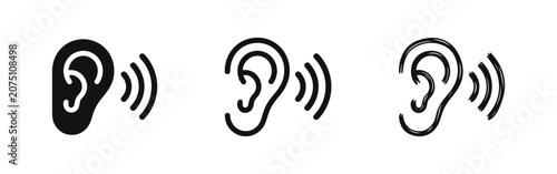 Canvas Print Set of human ear hearing icons in solid, outline, and sketch styles