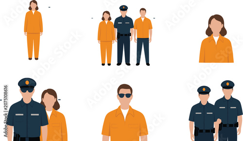 Φωτογραφία Prison avatars vector set with prisoners in orange jumpsuits and police officers