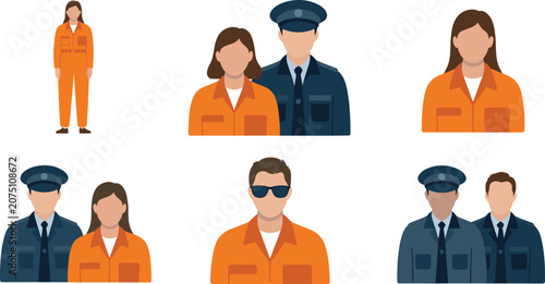Obraz na plátně Prison avatars vector set with prisoners in orange jumpsuits and police officers