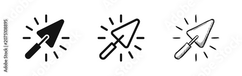 Photos Set of Trowel Icons for Construction in Solid, Outline, and Sketch Styles