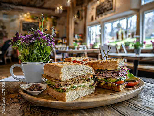 Two large sandwiches on a wooden board, with purple flowers and spices, in a warm, rustic cafe setting