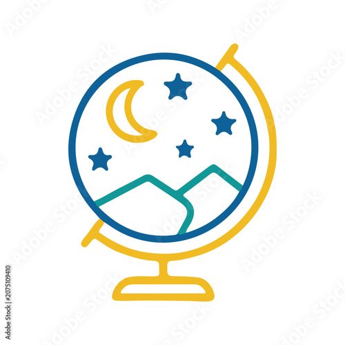 A simple illustration of a globe with a moon and stars on a with mountains