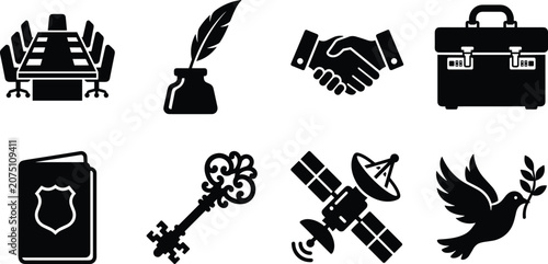 Quadro su tela Government diplomacy politics and international relations glyph vector icon set