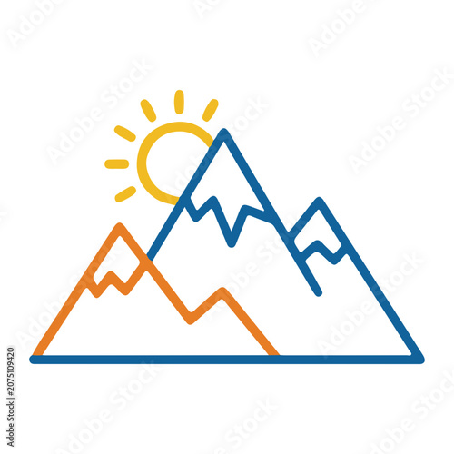 A colorful vector illustration of a mountain range with a sun