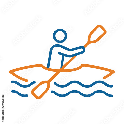 A blue and orange icon of a person kayaking on water with a paddle