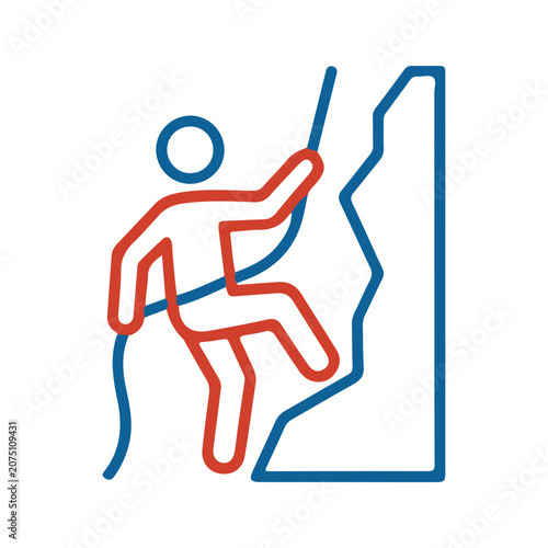 A person climbing a rock wall with a rope in a dynamic pose