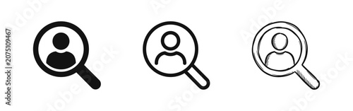 Obraz na płótnie User search icons with magnifying glass set in flat, outline, and sketch styles