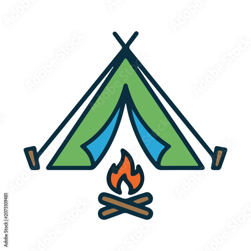 A colorful illustration of a green tent with a campfire in front for outdoor and camping concepts