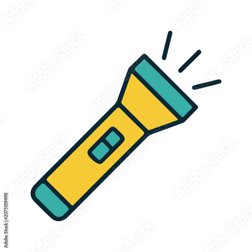 A yellow and teal flashlight with light beams