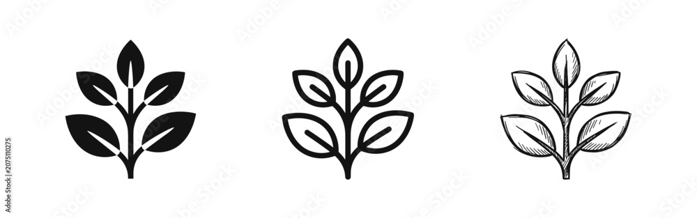Naklejka premium Leafy Branch or Sprout Vector Icon Set, Nature and Eco Symbol