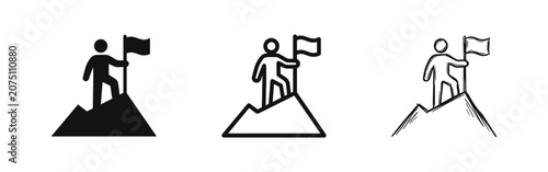 Photos Success achievement icon set, person with flag on mountain peak in solid, outlin