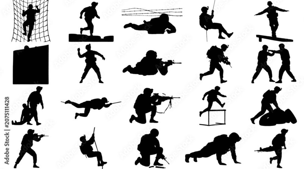 Obraz premium Silhouettes of people in dynamic yoga poses isolated on transparent background, Vector