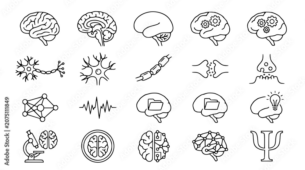Obraz premium Editable Brain and Neuron Linear Icon Pack with Neural Network Neuroscience and Medical Elements