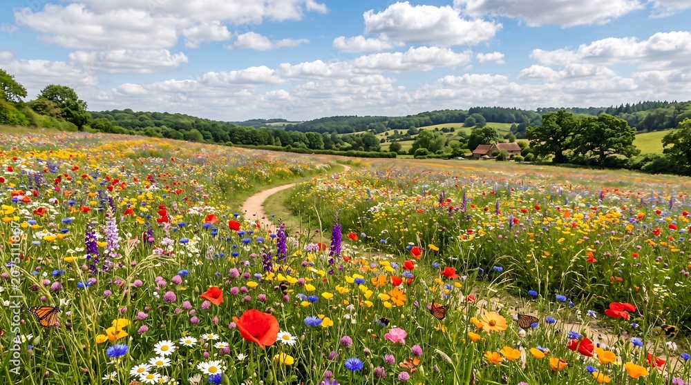 Fototapeta premium Beautiful wildflower meadow with winding dirt path through colorful flowers under bright blue sky with fluffy white clouds in english countryside.