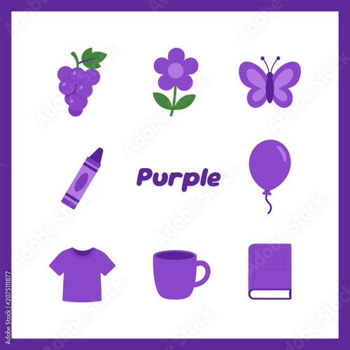 Learn color purple things educational flashcard for kids vector illustration