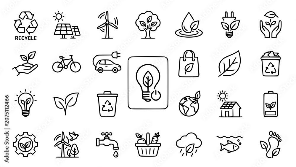 Fototapeta premium Eco friendly line icons set sustainability renewable energy and environmental conservation concepts