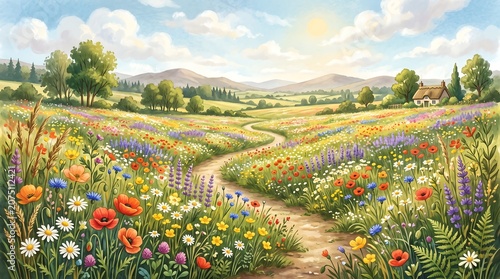 Idyllic rolling meadow landscape with vibrant wildflowers and winding path leading to charming cottage under warm morning sunlight and clear sky.