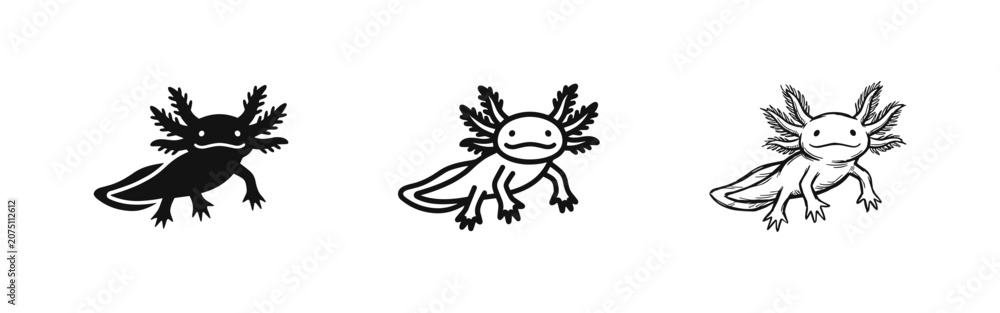 Fototapeta premium Axolotl icon set, cute aquatic salamander animal illustration