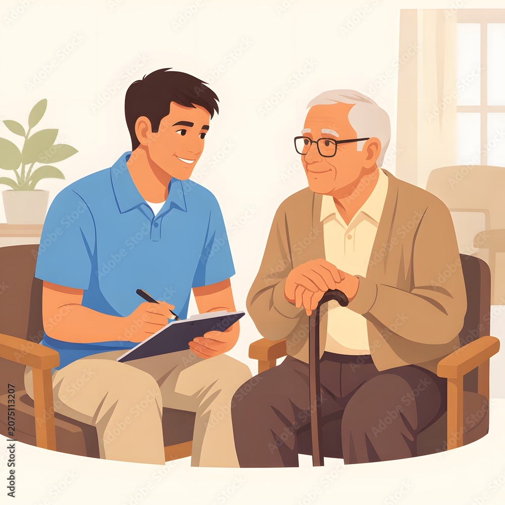 Obraz premium Male Therapist Supporting Elderly Patient in Care Home During Rehabilitation and Healthcare Consultation