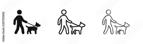 Schilderij op canvas Person walking a dog icon set, solid, outline and sketch styles