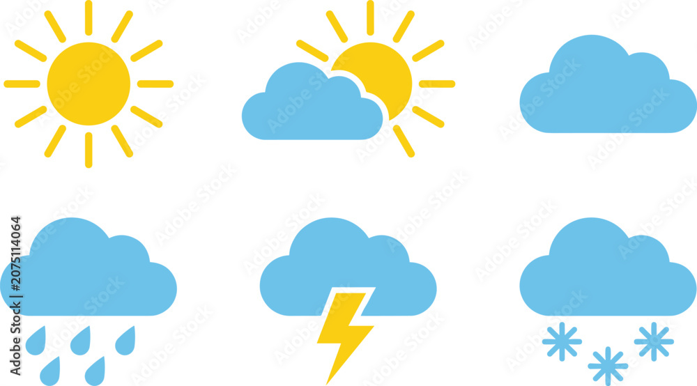 Obraz premium Minimalist Weather Forecast Vector Icon Set Featuring Sunny Partly Cloudy Rainy Thunderstorm and Snowy Symbols for Mobile App Widget Interfaces