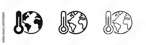 Tableau sur toile Global warming and world thermometer icons in flat, outline and doodle style