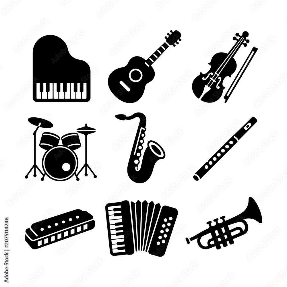 Fototapeta premium Collection of minimalist icons featuring musical instruments such as piano, guitar, violin, saxophone, trumpet, and drums in a bold design.