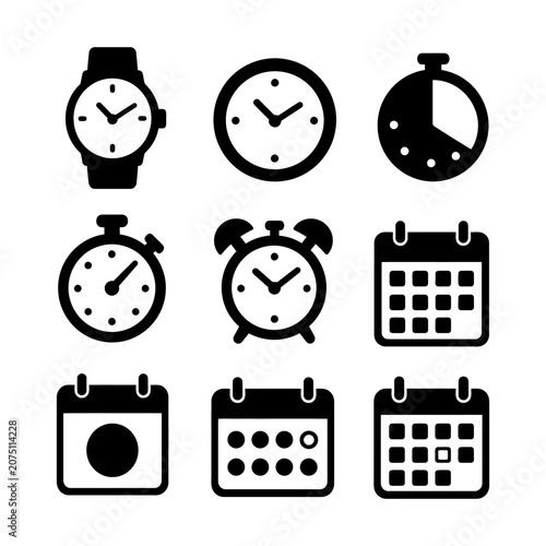 Fotografija Collection of minimalist black-and-white timekeeping and calendar icons arranged in a grid for digital or print use