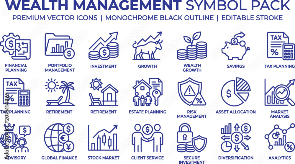 Fototapeta premium Wealth Management Symbol Pack: A comprehensive collection of monochrome vector icons illustrating key concepts in financial planning, investment, savings, retirement, risk management.