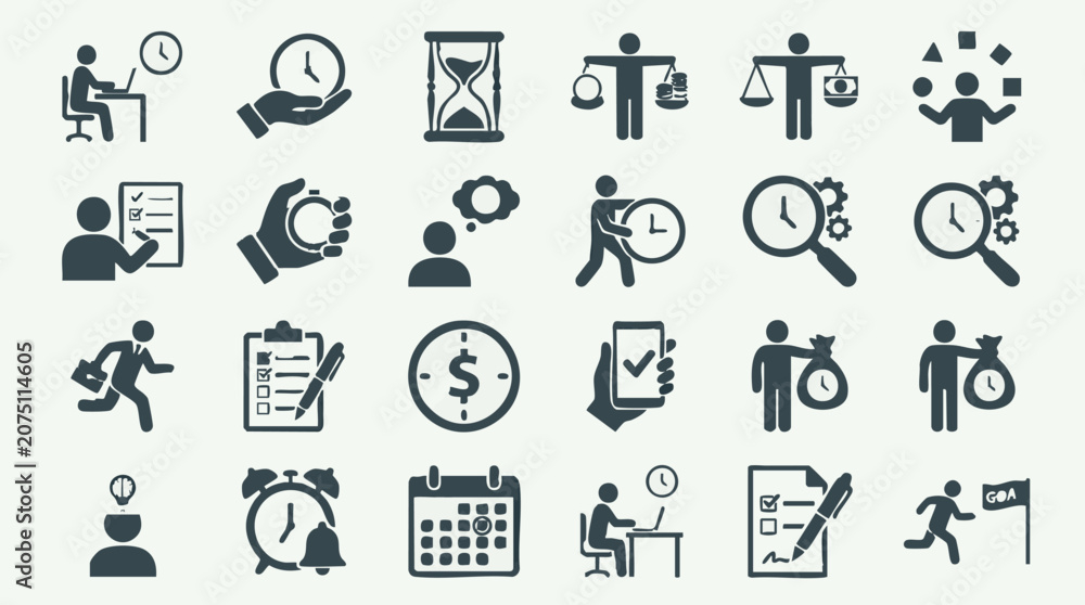 Fototapeta premium Business Time Management and Productivity Planning Vector Icons Set