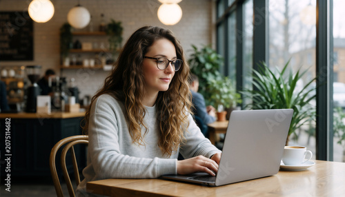 Woman working remotely in a cafe, embodying the modern digital nomad and hybrid work lifestyle.