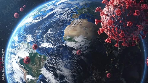 Red virus cells floating around the blue planet in space