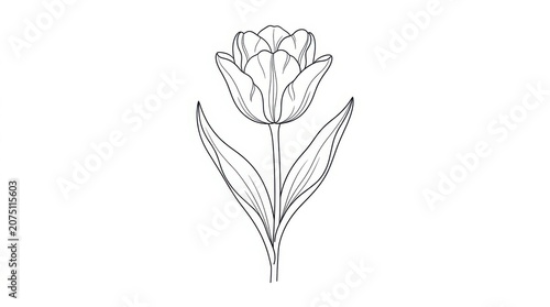 Minimalist tulip line art drawing, elegant floral sketch on white background, botanical flower illustration for wedding stationery and logo design