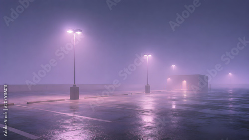 Empty Foggy Parking Lot at Night with Neon Lights and Wet Asphalt in Dreamlike Liminal Space