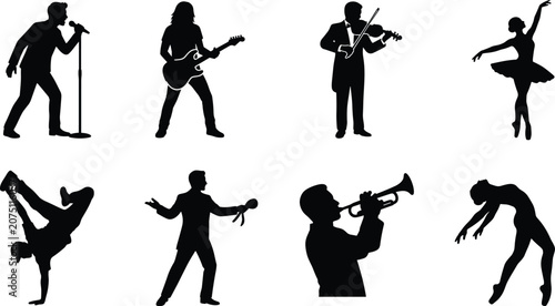 Fotografie Performing arts silhouette vector set featuring singer guitarist violinist balle