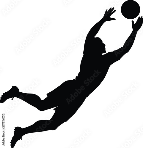 Black silhouette of a soccer goalkeeper jumping for a ball