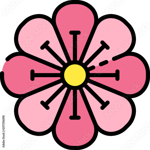 Cute Pink Flower Flat Icon with Outline