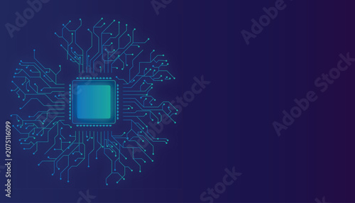 Photos Modern abstract technology background featuring a detailed microchip connected with glowing circuit lines on a blue gradient backdrop with generous copy space