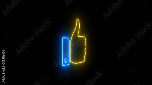 A glowing neon thumb up symbol on a dark black background