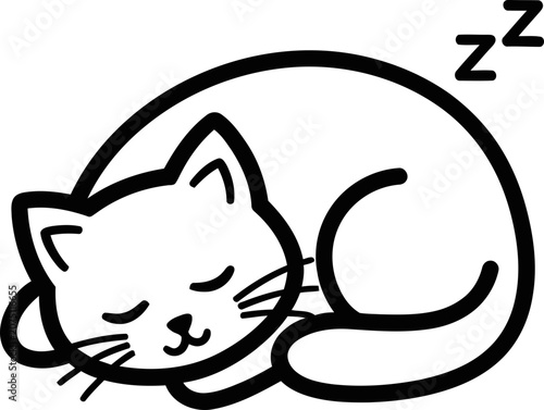 Cute sleeping cat curled up, minimalist line art, peaceful nap, zzz symbol
