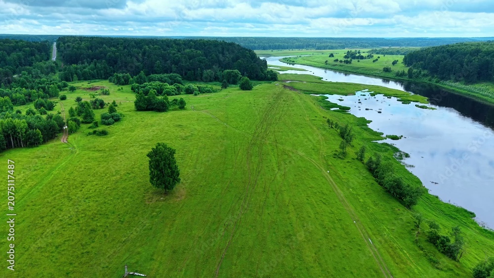 Obraz premium Green meadow bordered by winding river with lush trees and cloudy sky during summer season