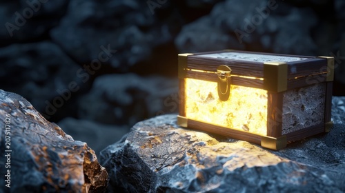 Enigmatic Treasure Chest Illuminated by Golden Light Amidst Dark Rocky Background