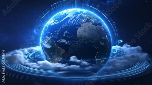 A glowing digital planet surrounded by abstract light rings in space