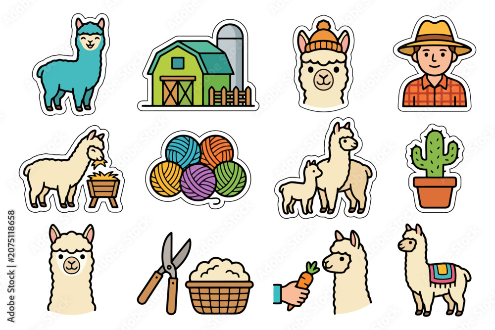 Obraz premium Llama farm stickers: alpacas, barn, farmer, yarn, cactus.