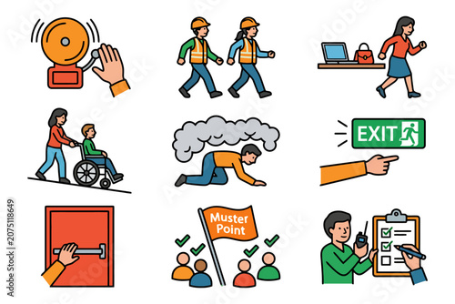 Emergency safety procedures illustration with diverse adults in various situations.