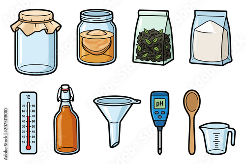 Kombucha brewing supplies with jars, thermometer, and ph meter for fermentation.