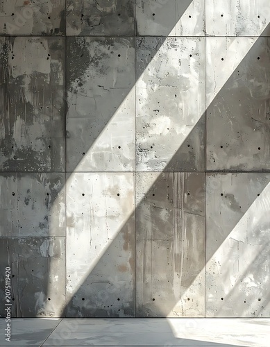 A gray concrete wall with diagonal light beams