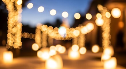 Golden fairy lights glowing at a blurred evening garden party event